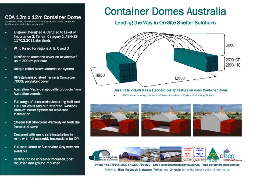 thumbnail of CDA 12m x 12m Container Dome Spec Sheet