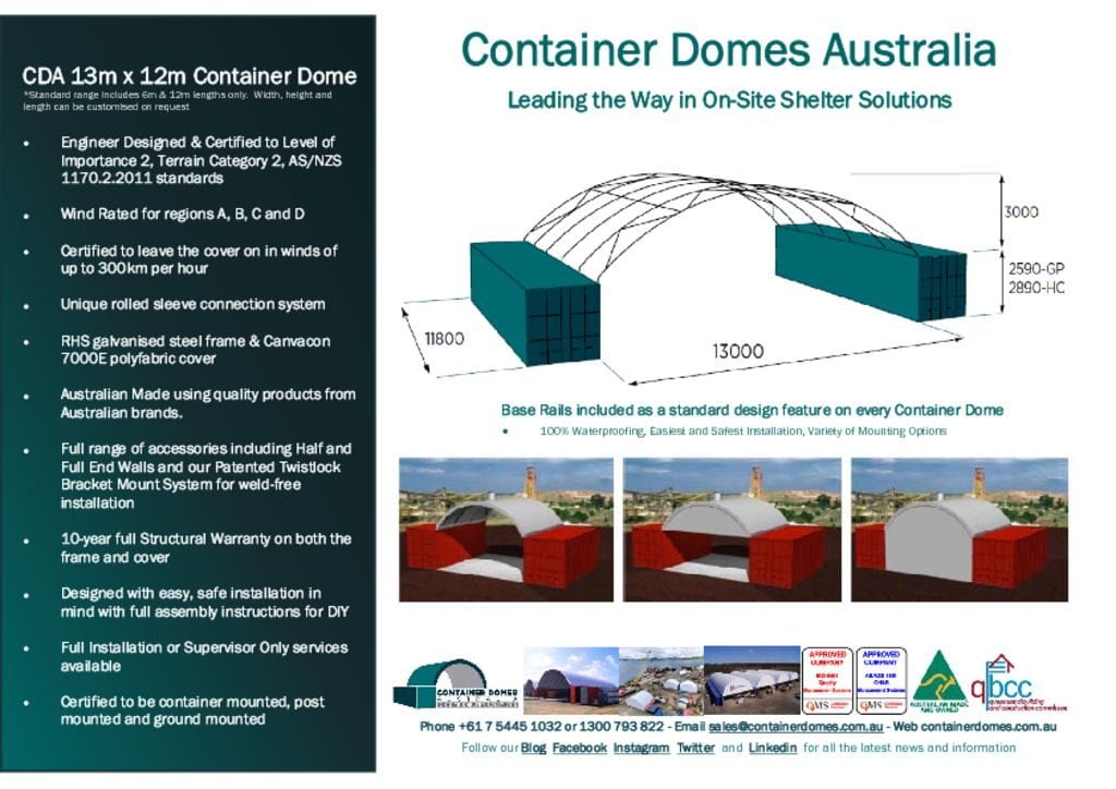 thumbnail of CDA 13m x 12m Container Dome Spec Sheet