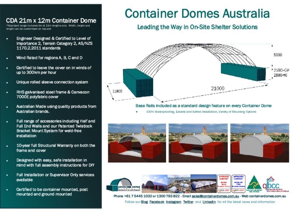 thumbnail of CDA 21m x 12m Container Dome Spec Sheet